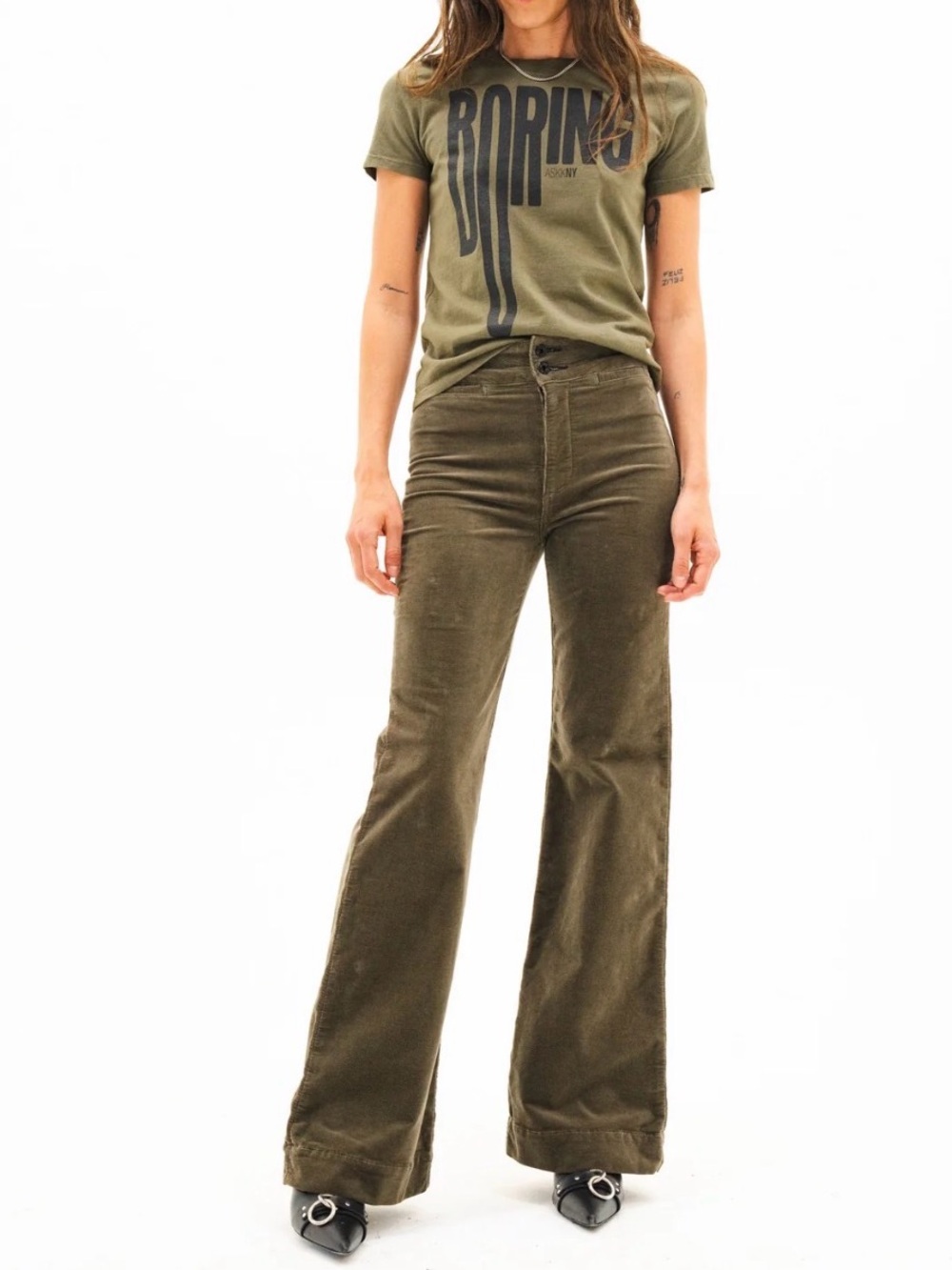 NEW ASKK NY Brighton High Waisted Wide Leg Corduroy Pants Safari Green